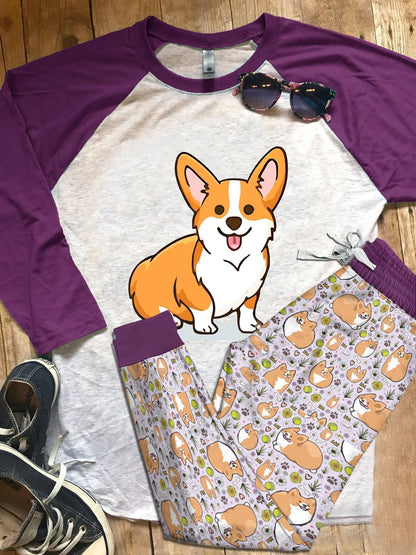 Corgi Cute Corgi Purple Nice Pajama Set |Sleepwear Pjs Sets | Raglan Shirt Pants Set