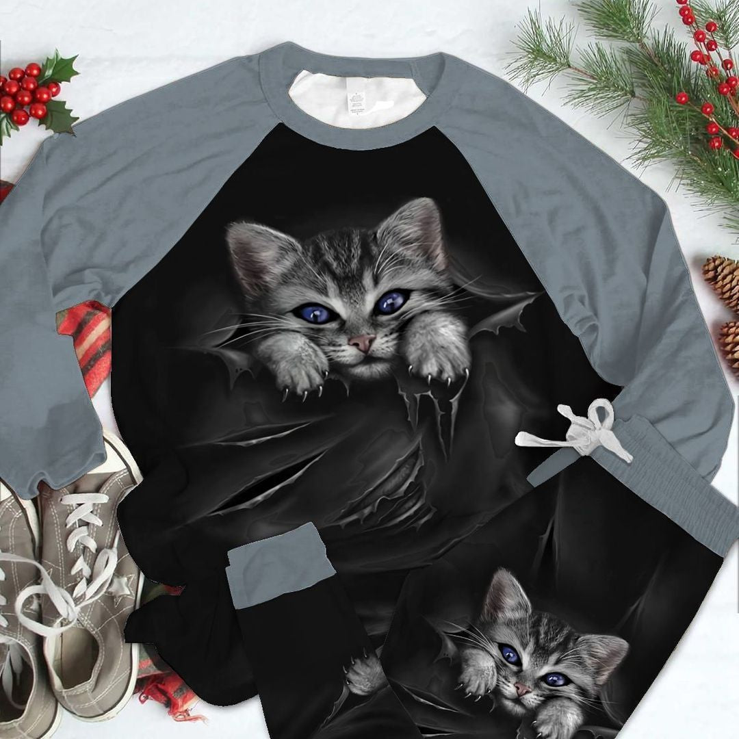Cat Crack Grey Unique Pajama Set |Sleepwear Pjs Sets | Raglan Shirt Pants Set