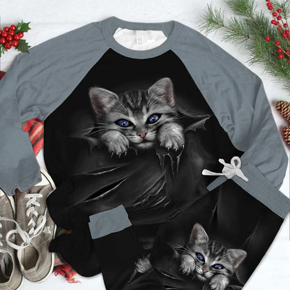 Cat Crack Grey Unique Pajama Set |Sleepwear Pjs Sets | Raglan Shirt Pants Set