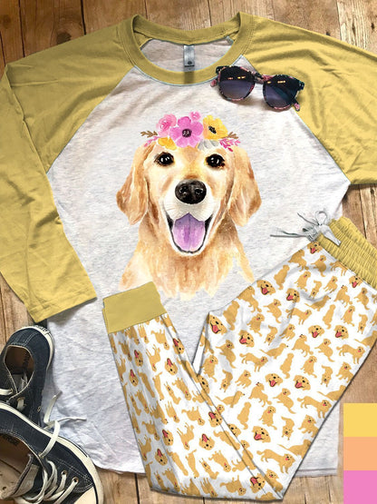 Golden Retriever Yellow Nice Pajama Set |Sleepwear Pjs Sets | Raglan Shirt Pants Set