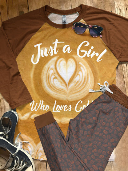 Just A Girl Who Loves Coffee Brown Amazing Pajama Set |Sleepwear Pjs Sets | Raglan Shirt Pants Set