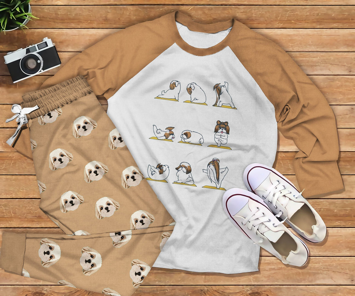 Shih Tzu Yoga Brown High Quality Pajama Set |Sleepwear Pjs Sets | Raglan Shirt Pants Set