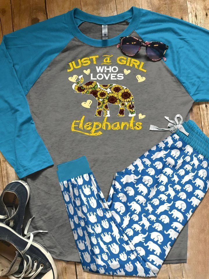 Elephant Just A Girl Who Loves Elephants Pajama Set |Sleepwear Pjs Sets | Raglan Shirt Pants Set