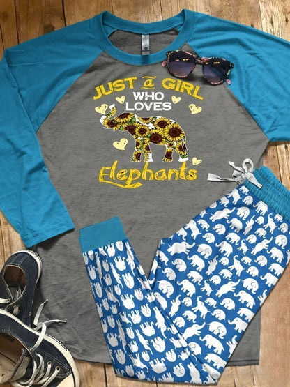 Elephant Just A Girl Who Loves Elephants Pajama Set |Sleepwear Pjs Sets | Raglan Shirt Pants Set