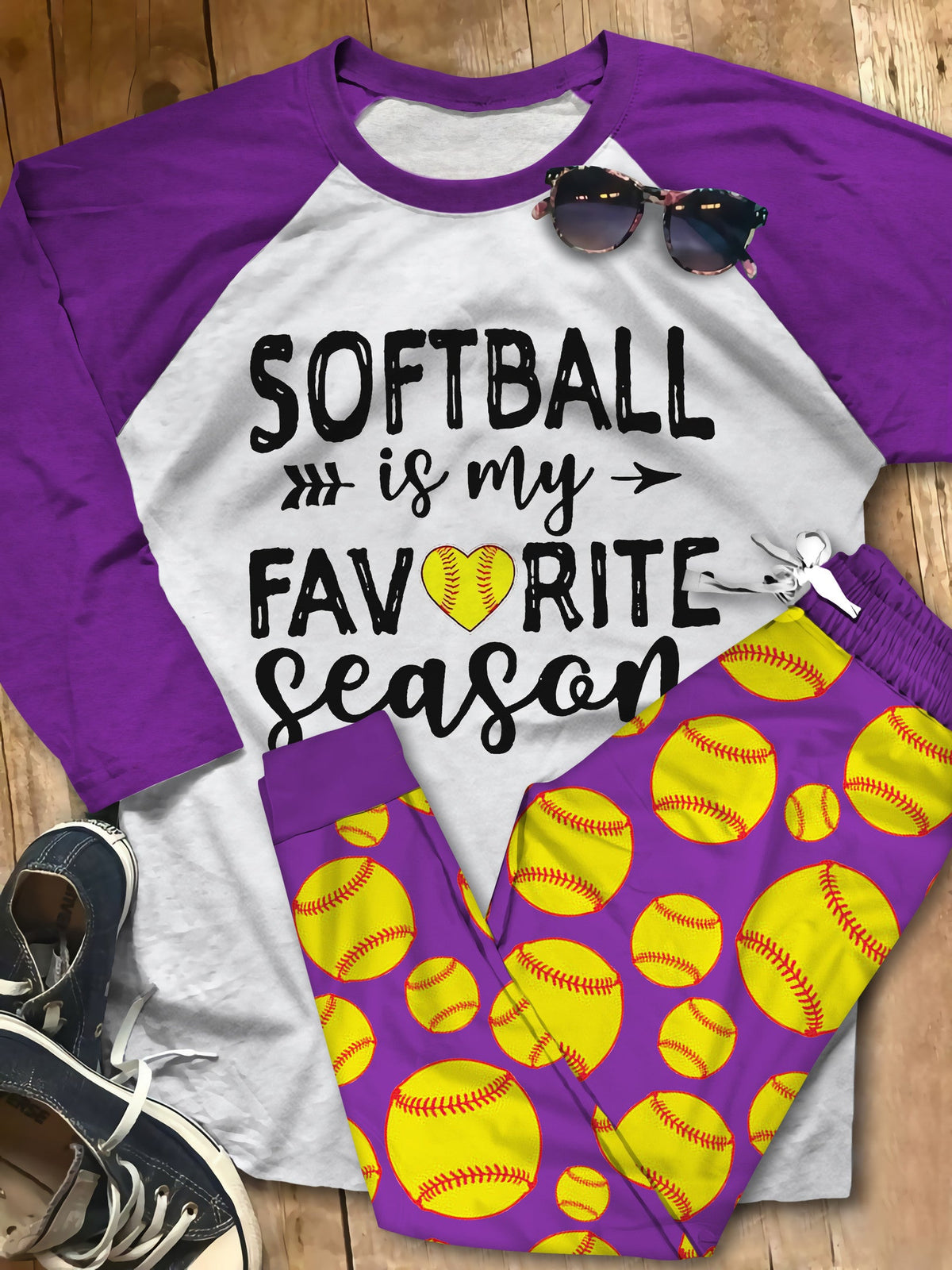 Softball Softball Is My Favorite Season Pajama Set |Sleepwear Pjs Sets | Raglan Shirt Pants Set