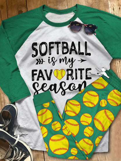 Softball Softball Is My Favorite Season Pajama Set |Sleepwear Pjs Sets | Raglan Shirt Pants Set