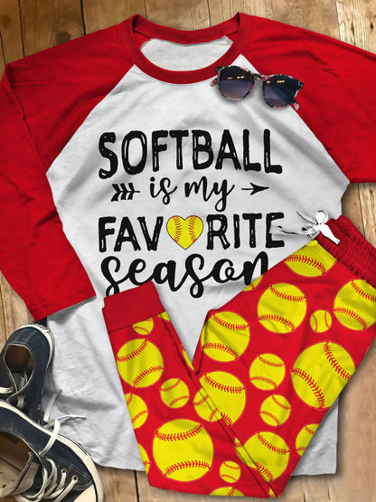 Softball Softball Is My Favorite Season Pajama Set |Sleepwear Pjs Sets | Raglan Shirt Pants Set