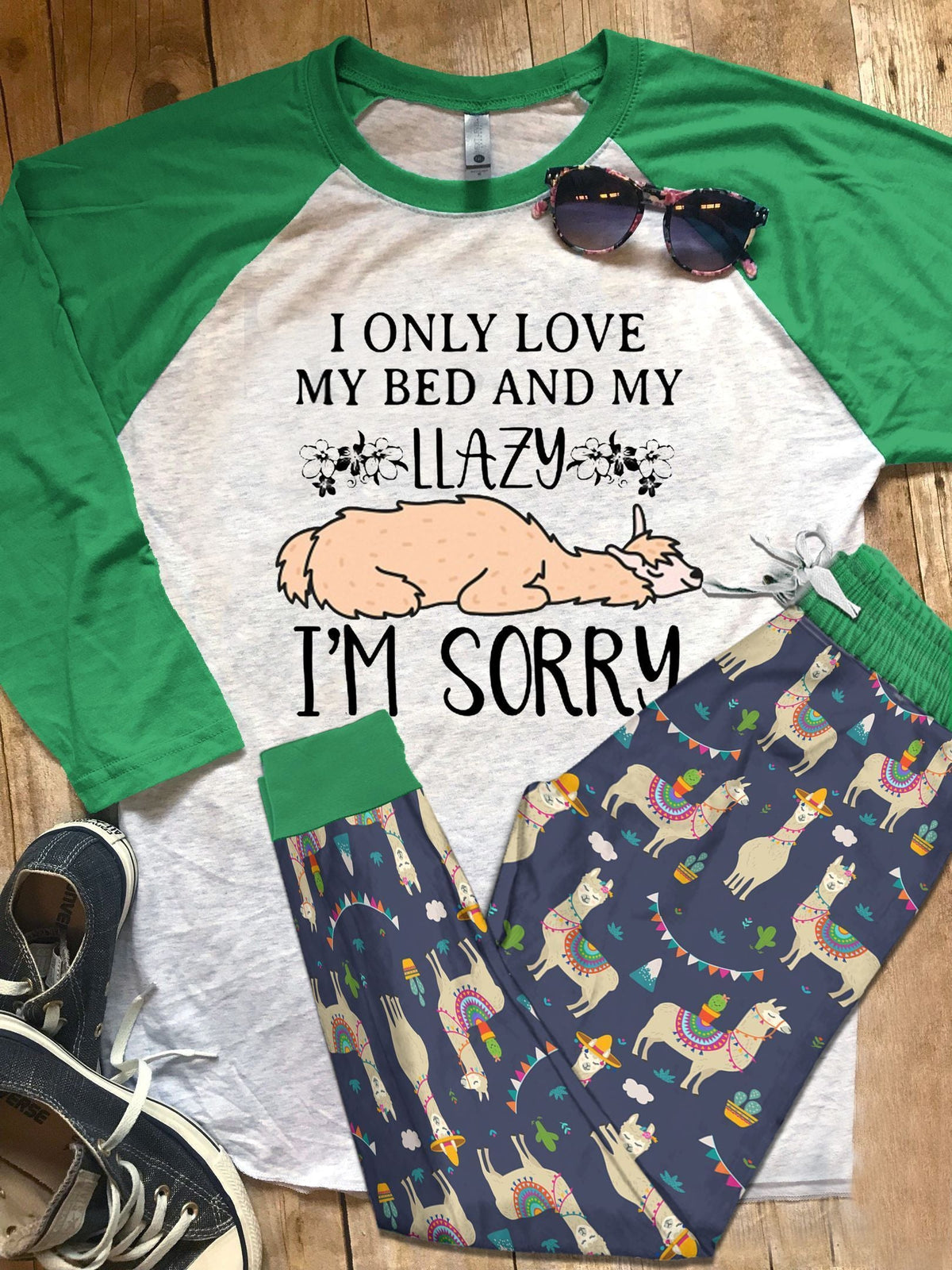 Llama Green Awesome Pajama Set |Sleepwear Pjs Sets | Raglan Shirt Pants Set