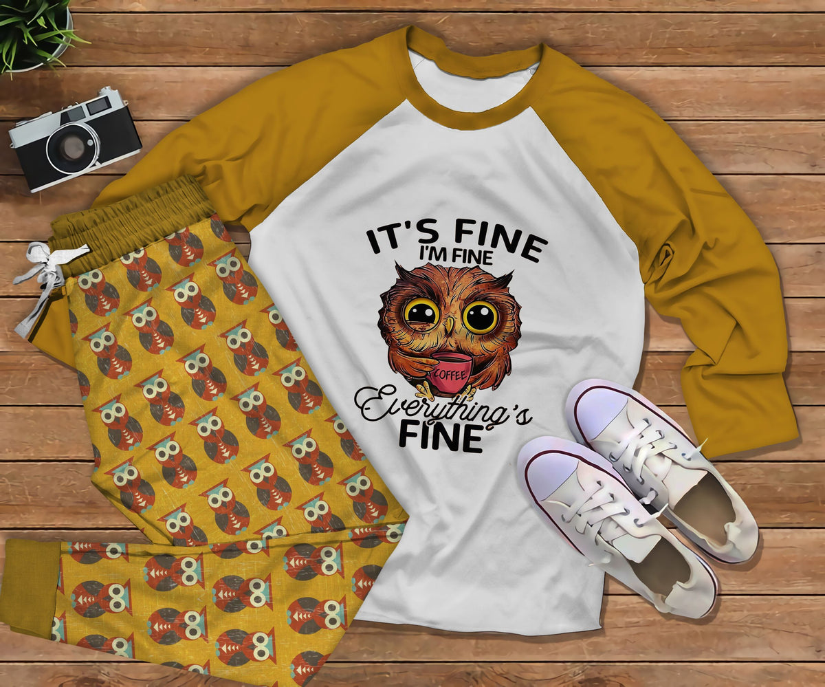 Owl Everything Is Fine Pajama Set |Sleepwear Pjs Sets | Raglan Shirt Pants Set