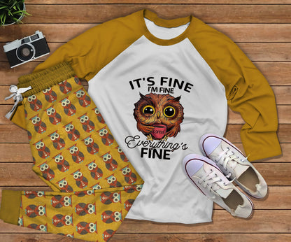 Owl Everything Is Fine Pajama Set |Sleepwear Pjs Sets | Raglan Shirt Pants Set