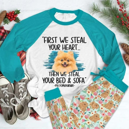 Pomeranian Pomeranian Steal Your Heart Blue Good Pajama Set |Sleepwear Pjs Sets | Raglan Shirt Pants Set