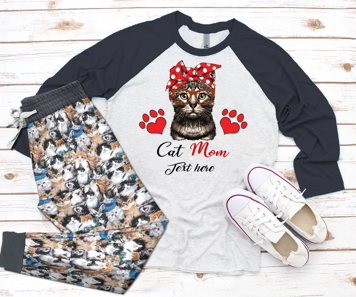 Cat Mom Personalized Amazing Pajama Set |Sleepwear Pjs Sets | Raglan Shirt Pants Set