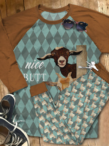 Goat Nice Butt Teal Awesome Pajama Set |Sleepwear Pjs Sets | Raglan Shirt Pants Set