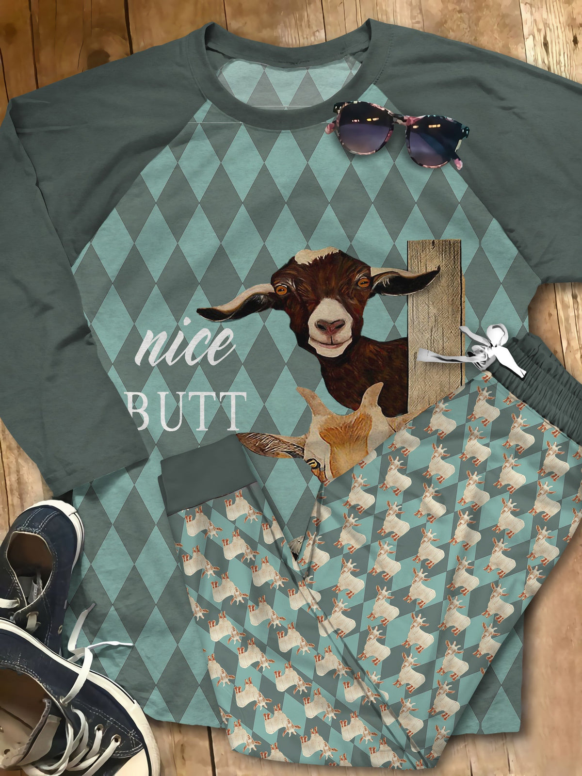 Goat Nice Butt Teal Awesome Pajama Set |Sleepwear Pjs Sets | Raglan Shirt Pants Set