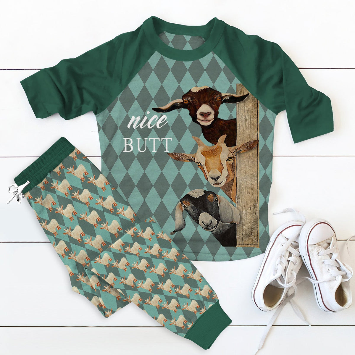 Goat Nice Butt Teal Awesome Pajama Set |Sleepwear Pjs Sets | Raglan Shirt Pants Set
