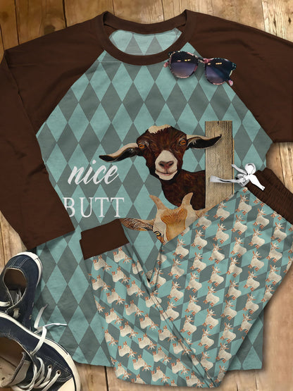 Goat Nice Butt Teal Awesome Pajama Set |Sleepwear Pjs Sets | Raglan Shirt Pants Set