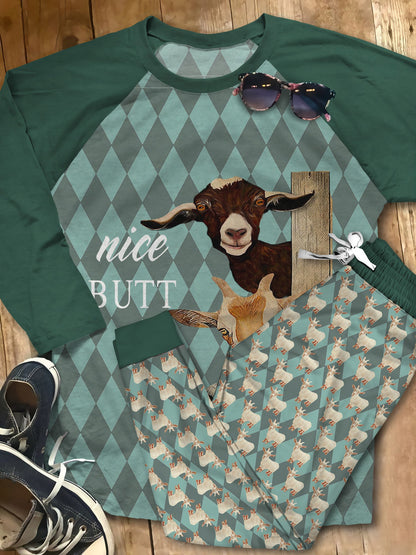 Goat Nice Butt Teal Awesome Pajama Set |Sleepwear Pjs Sets | Raglan Shirt Pants Set
