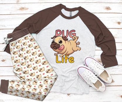 Pug Pug Life Brown Amazing Pajama Set |Sleepwear Pjs Sets | Raglan Shirt Pants Set