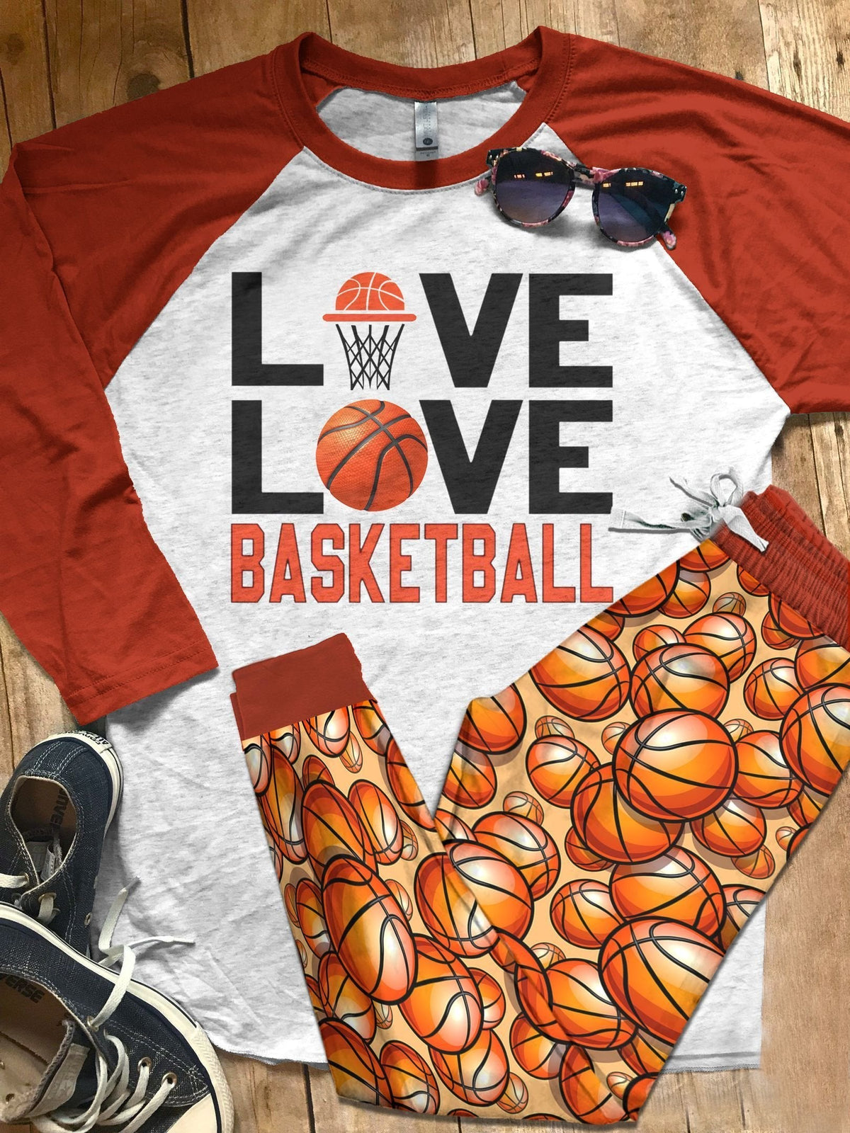 Basketball Peace Love Basketball Pajama Set |Sleepwear Pjs Sets | Raglan Shirt Pants Set