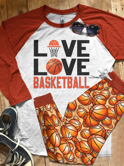 Basketball Peace Love Basketball Pajama Set |Sleepwear Pjs Sets | Raglan Shirt Pants Set