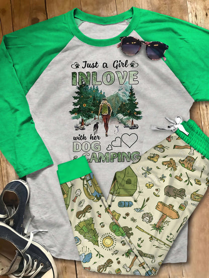 Camping In Love With Dog And Camping Pajama Set |Sleepwear Pjs Sets | Raglan Shirt Pants Set