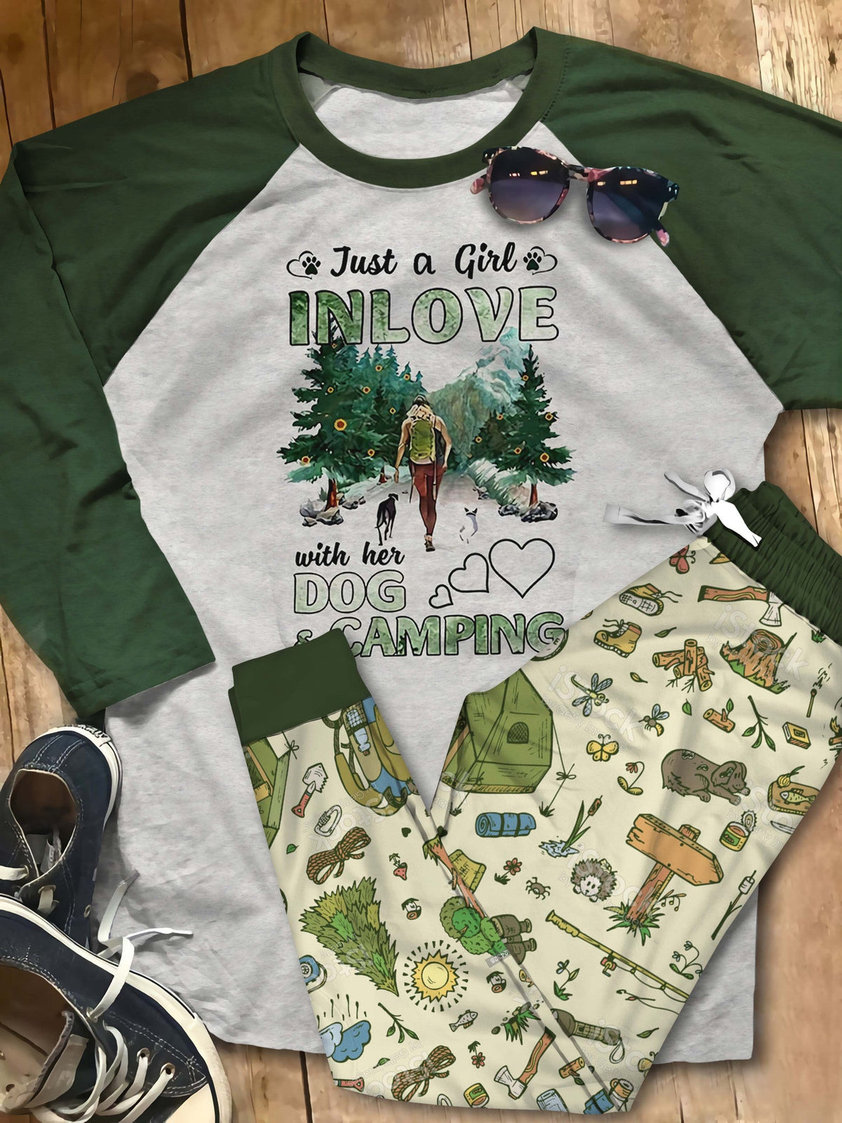Camping In Love With Dog And Camping Pajama Set |Sleepwear Pjs Sets | Raglan Shirt Pants Set