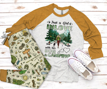 Camping In Love With Dog And Camping Pajama Set |Sleepwear Pjs Sets | Raglan Shirt Pants Set