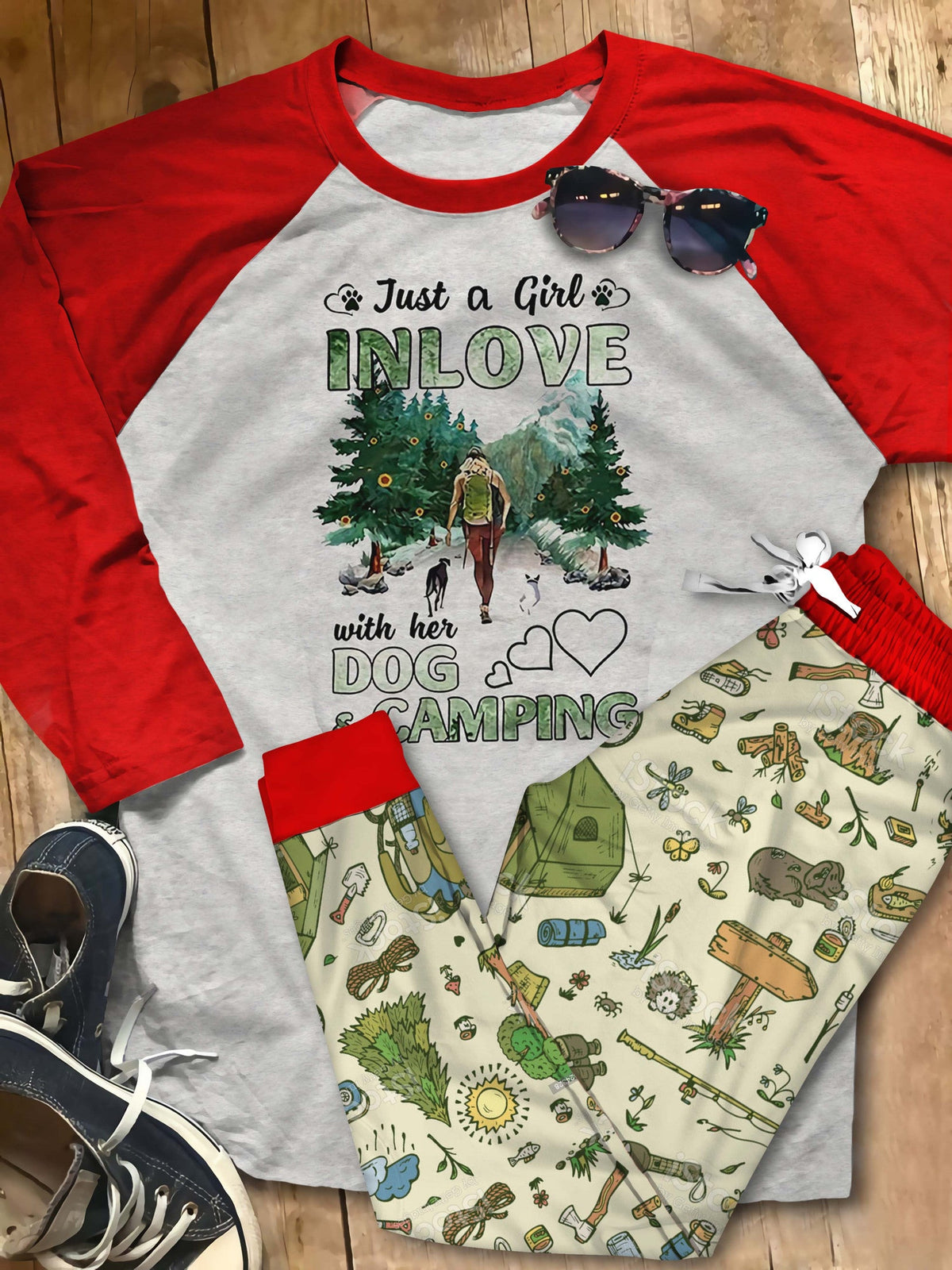 Camping In Love With Dog And Camping Pajama Set |Sleepwear Pjs Sets | Raglan Shirt Pants Set