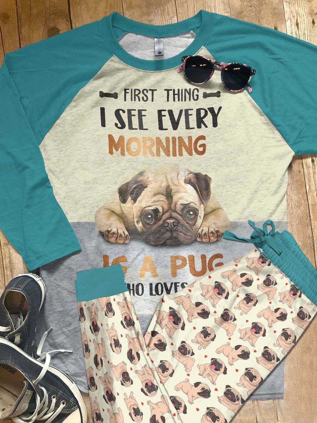Pug My Fur Baby Teal Amazing Pajama Set |Sleepwear Pjs Sets | Raglan Shirt Pants Set