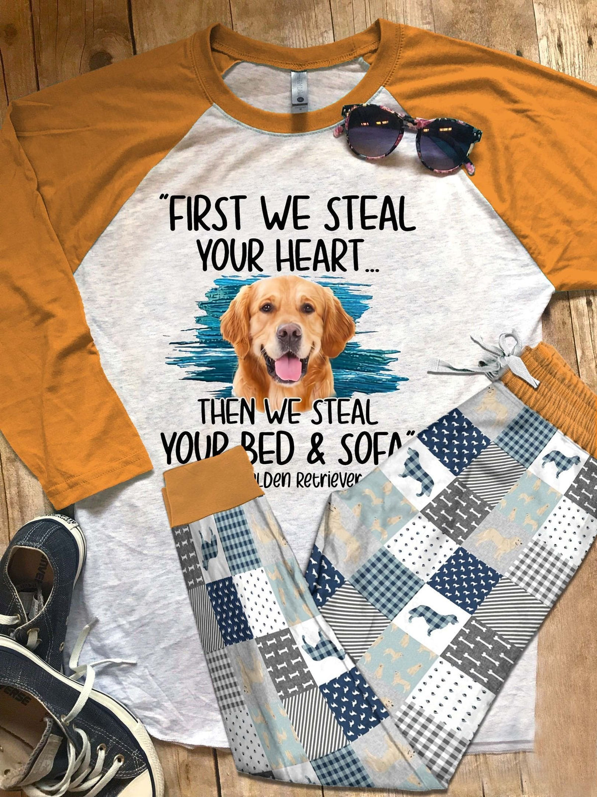 Golden Retriever Set Steal My Heart Pajama Set |Sleepwear Pjs Sets | Raglan Shirt Pants Set