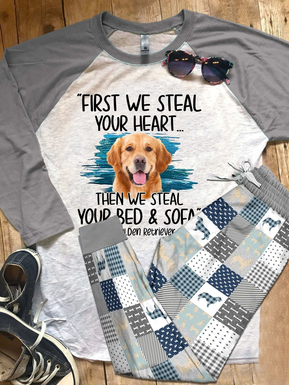 Golden Retriever Set Steal My Heart Pajama Set |Sleepwear Pjs Sets | Raglan Shirt Pants Set