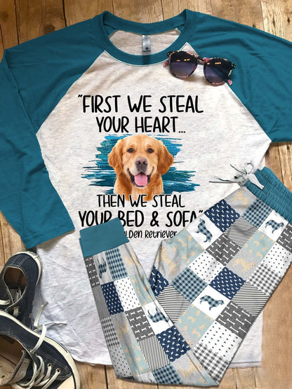 Golden Retriever Set Steal My Heart Pajama Set |Sleepwear Pjs Sets | Raglan Shirt Pants Set