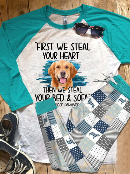 Golden Retriever Set Steal My Heart Pajama Set |Sleepwear Pjs Sets | Raglan Shirt Pants Set