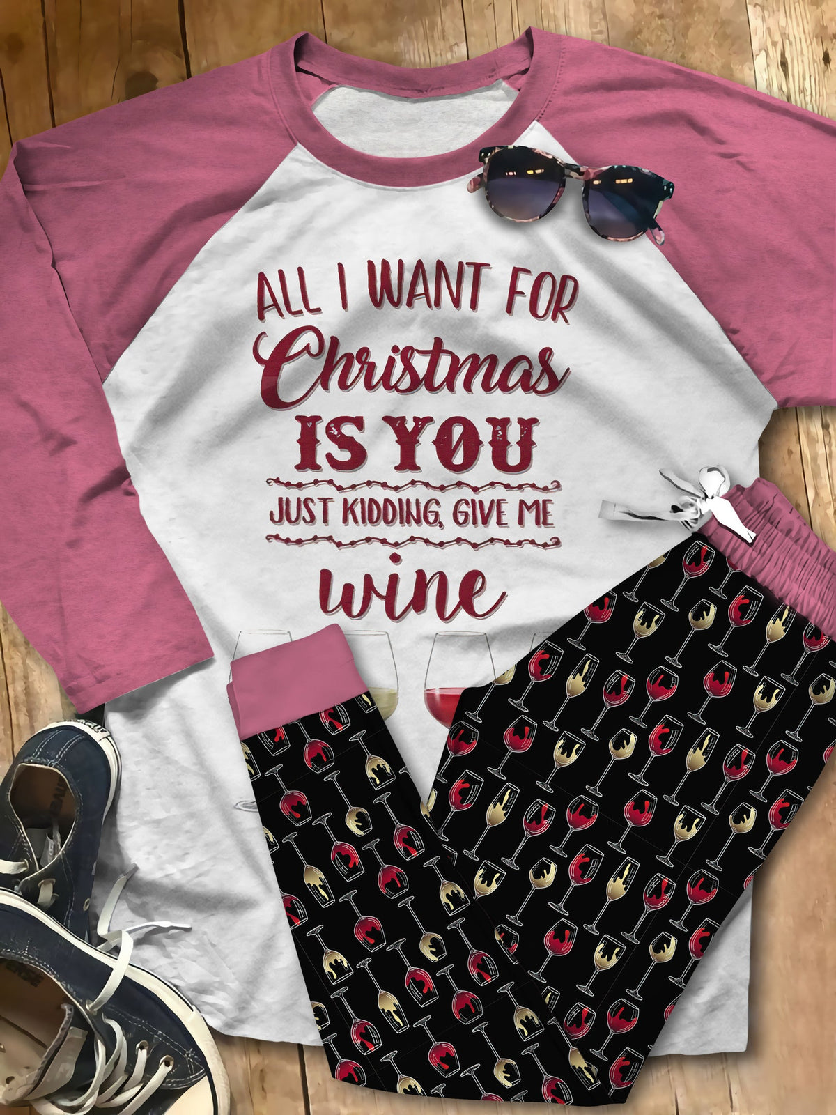 Wine Set Give Me Wine Colors Pajama Set |Sleepwear Pjs Sets | Raglan Shirt Pants Set