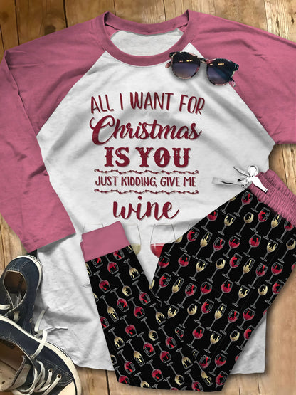 Wine Set Give Me Wine Colors Pajama Set |Sleepwear Pjs Sets | Raglan Shirt Pants Set
