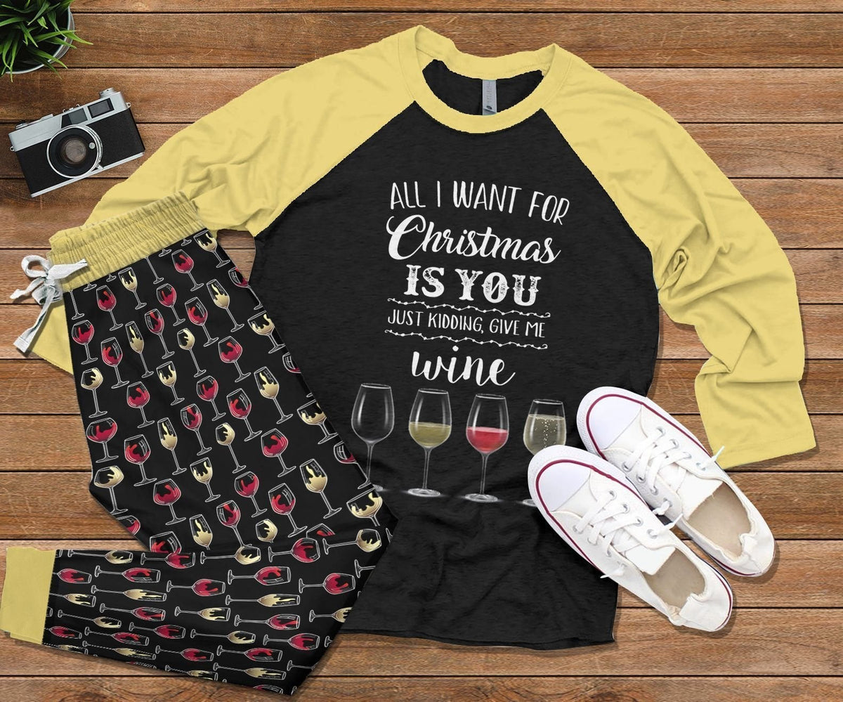 Wine Set Give Me Wine Colors Pajama Set |Sleepwear Pjs Sets | Raglan Shirt Pants Set
