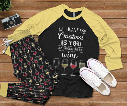 Wine Set Give Me Wine Colors Pajama Set |Sleepwear Pjs Sets | Raglan Shirt Pants Set