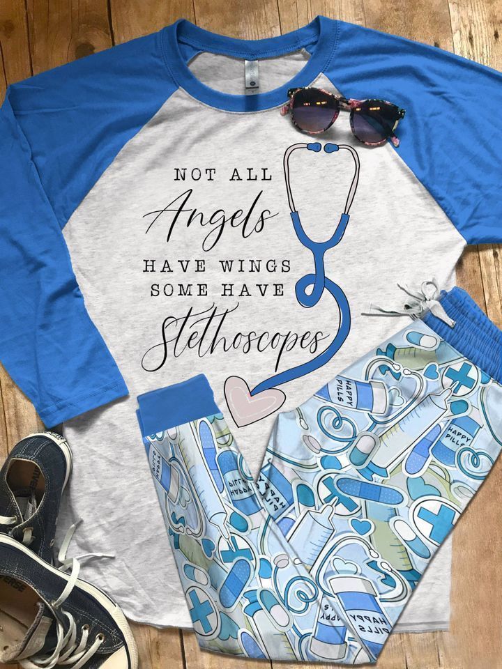 Nurse Not All Angels Have Wings Blue Amazing Pajama Set |Sleepwear Pjs Sets | Raglan Shirt Pants Set