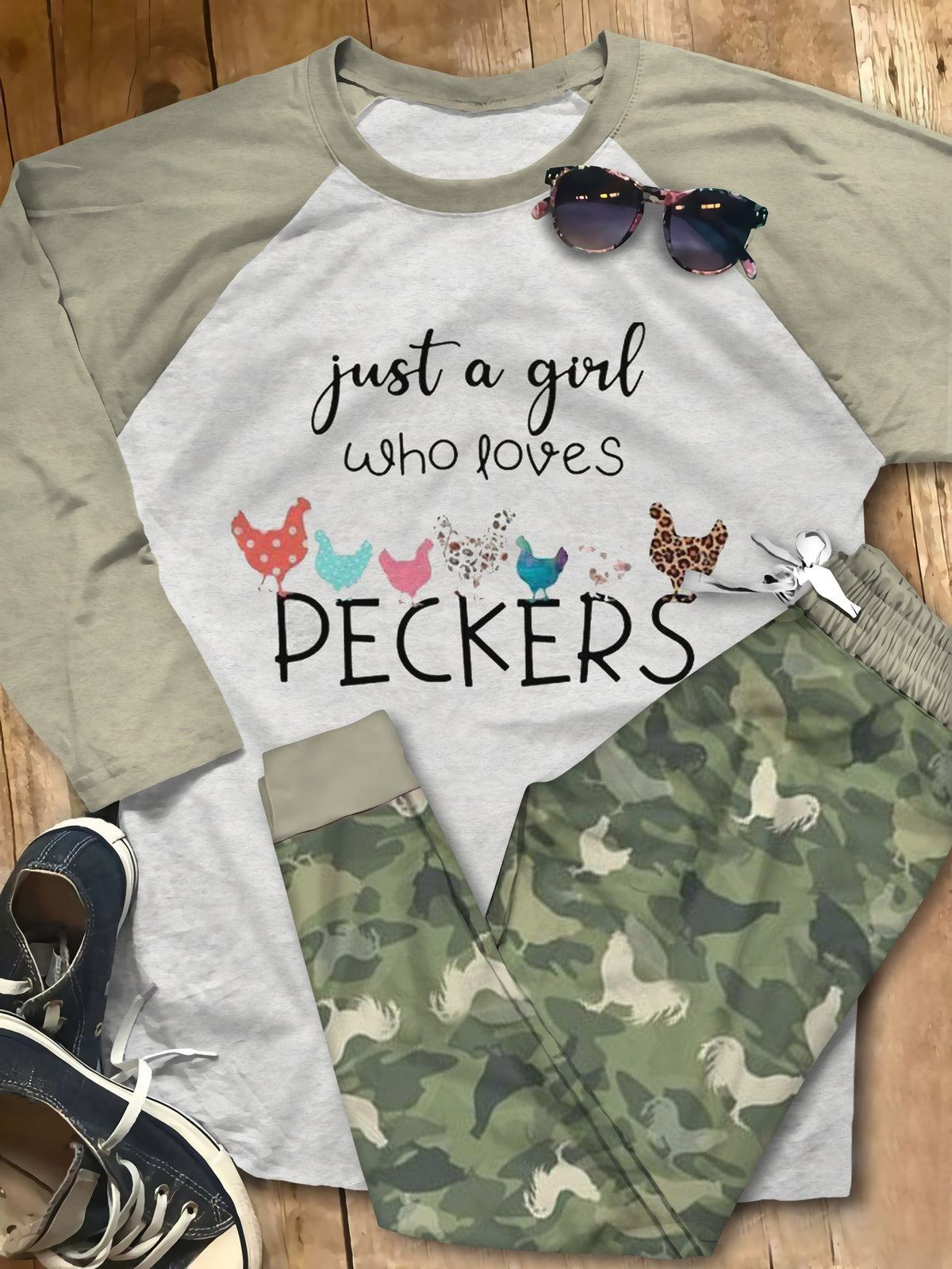 Chickens Just A Girl Who Loves Peckers Camo Best Pajama Set |Sleepwear Pjs Sets | Raglan Shirt Pants Set