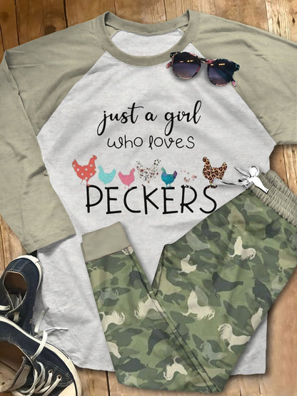 Chickens Just A Girl Who Loves Peckers Camo Best Pajama Set |Sleepwear Pjs Sets | Raglan Shirt Pants Set