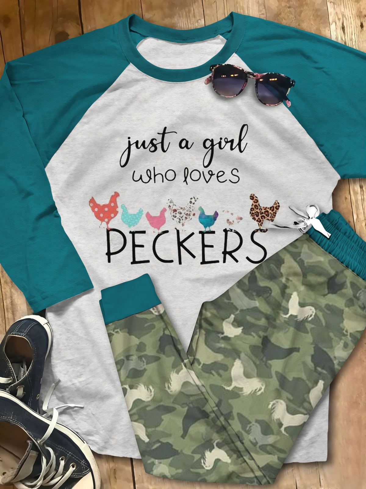 Chickens Just A Girl Who Loves Peckers Camo Best Pajama Set |Sleepwear Pjs Sets | Raglan Shirt Pants Set