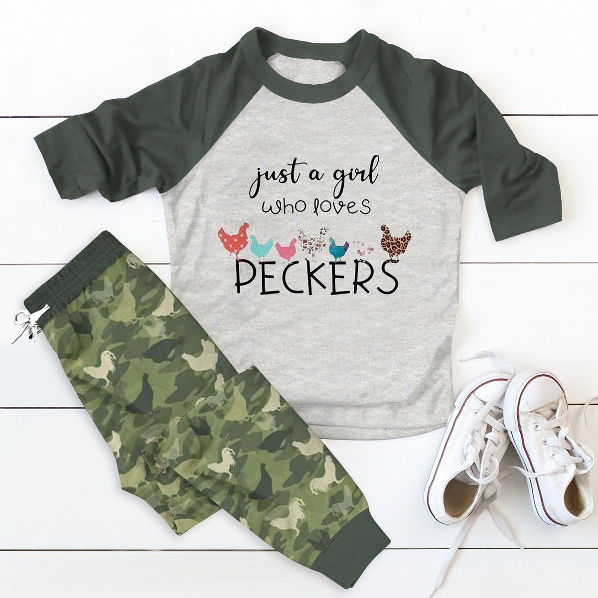 Chickens Just A Girl Who Loves Peckers Camo Best Pajama Set |Sleepwear Pjs Sets | Raglan Shirt Pants Set