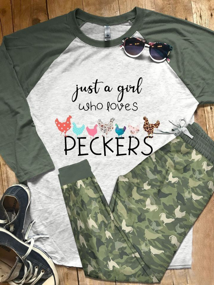 Chickens Just A Girl Who Loves Peckers Camo Best Pajama Set |Sleepwear Pjs Sets | Raglan Shirt Pants Set