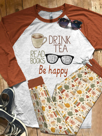 Reading Drink Tea Read Pajama Set |Sleepwear Pjs Sets | Raglan Shirt Pants Set