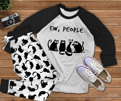 Black Cat Eww People Black High Quality Pajama Set |Sleepwear Pjs Sets | Raglan Shirt Pants Set