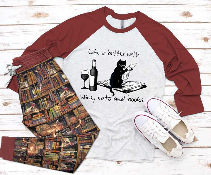 Reading Life Is Better Darkd Red Good Pajama Set |Sleepwear Pjs Sets | Raglan Shirt Pants Set