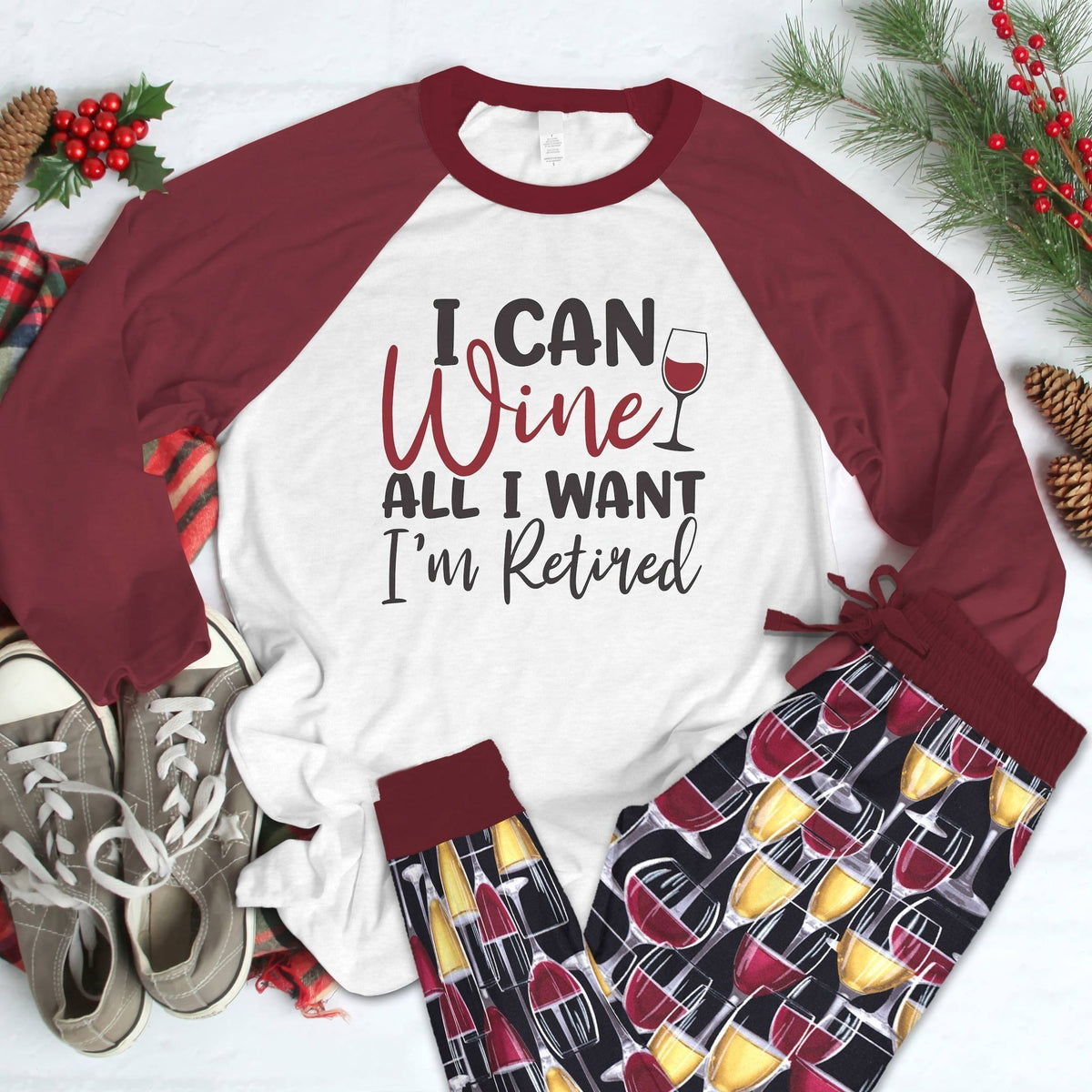 Wine Retired Pajama Set |Sleepwear Pjs Sets | Raglan Shirt Pants Set