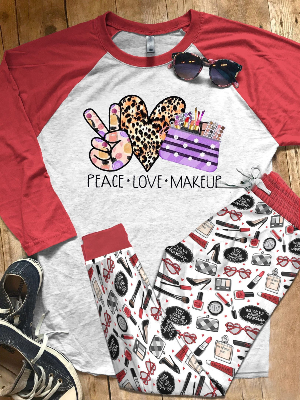Makeup Set Peace Love Makeup Pajama Set |Sleepwear Pjs Sets | Raglan Shirt Pants Set