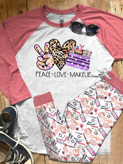 Makeup Set Peace Love Makeup Pajama Set |Sleepwear Pjs Sets | Raglan Shirt Pants Set