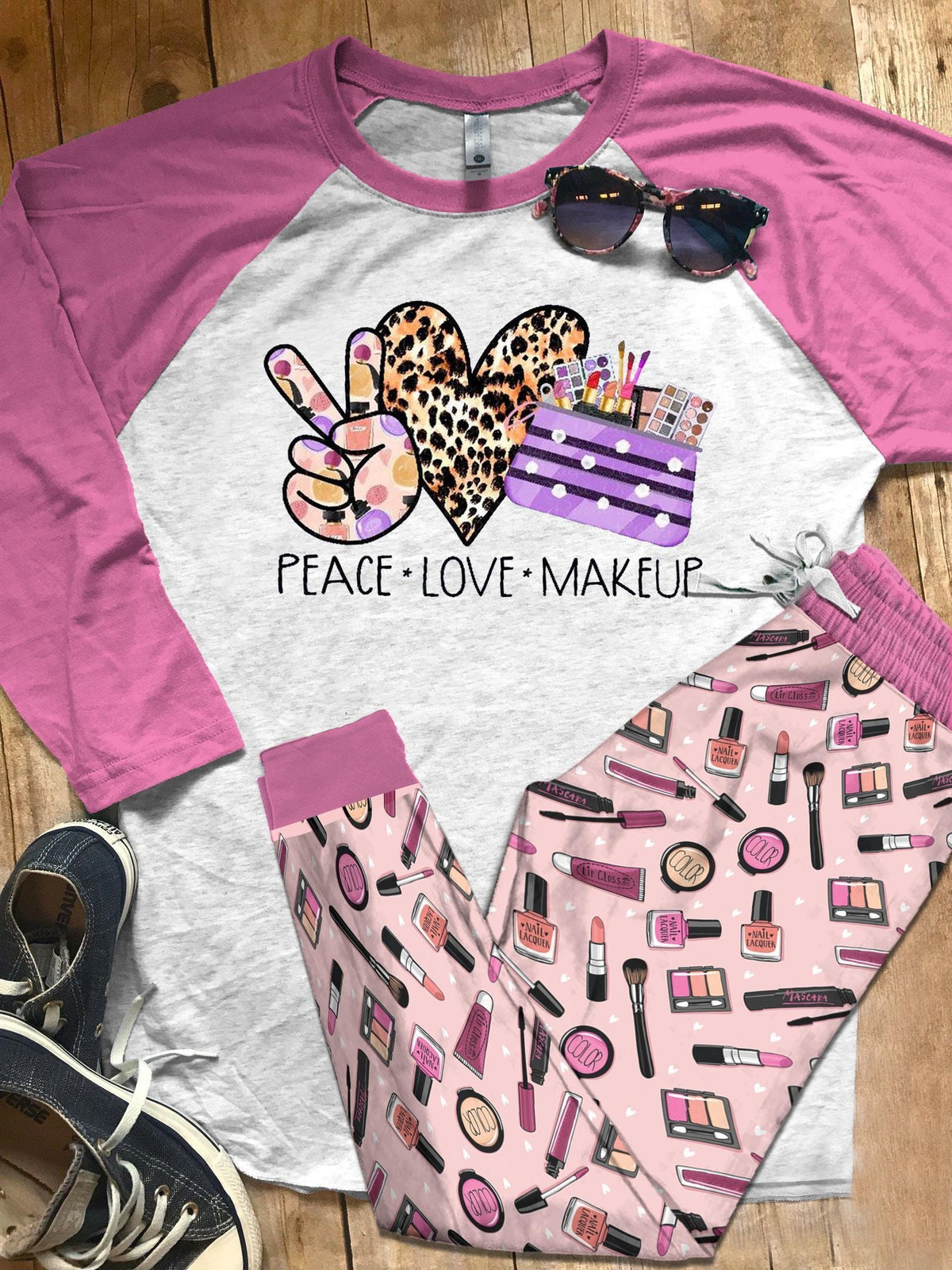 Makeup Set Peace Love Makeup Pajama Set |Sleepwear Pjs Sets | Raglan Shirt Pants Set